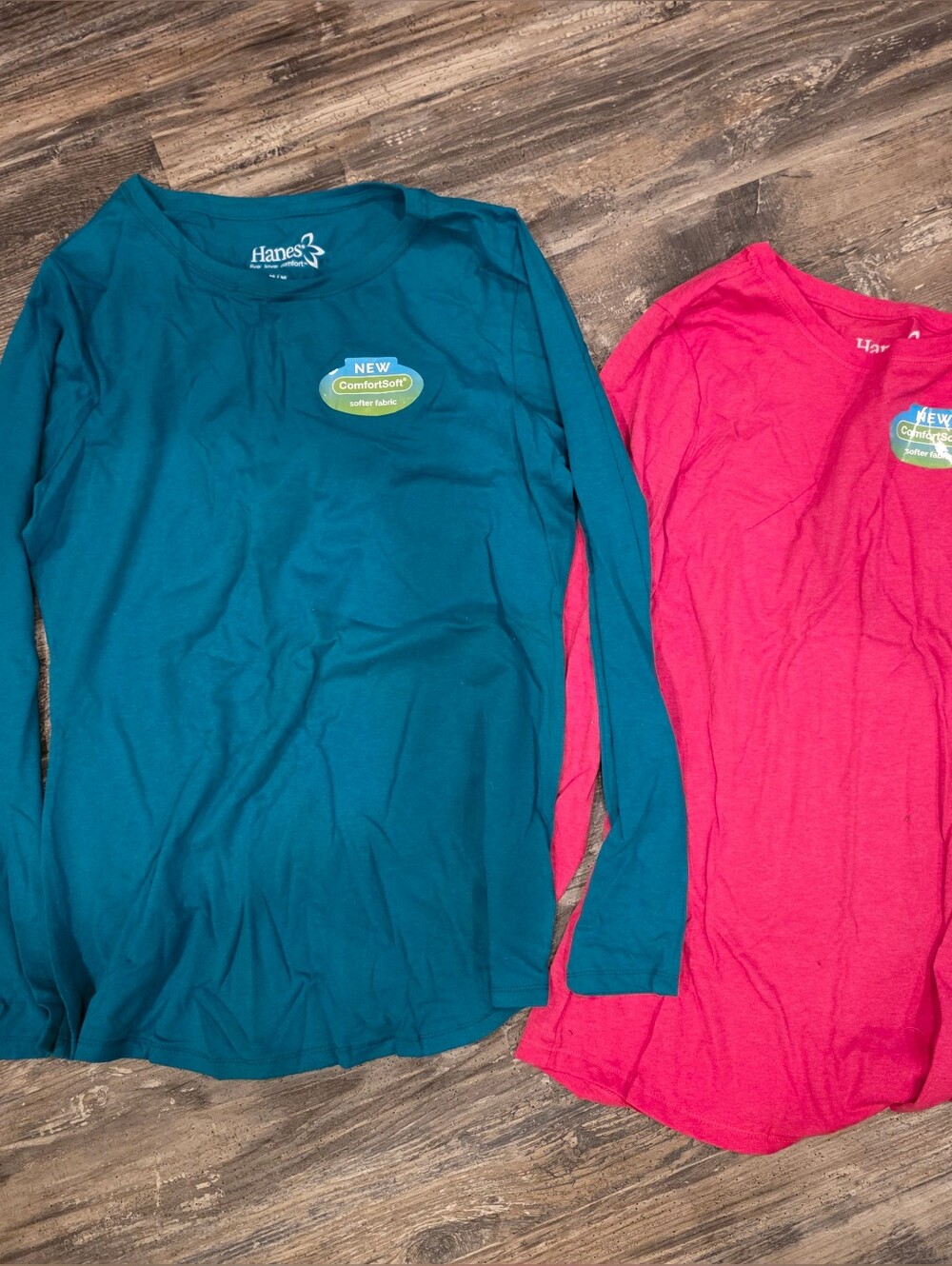 Hanes Long-Sleeve Tees in Teal and Hot Pink - 2-Pack